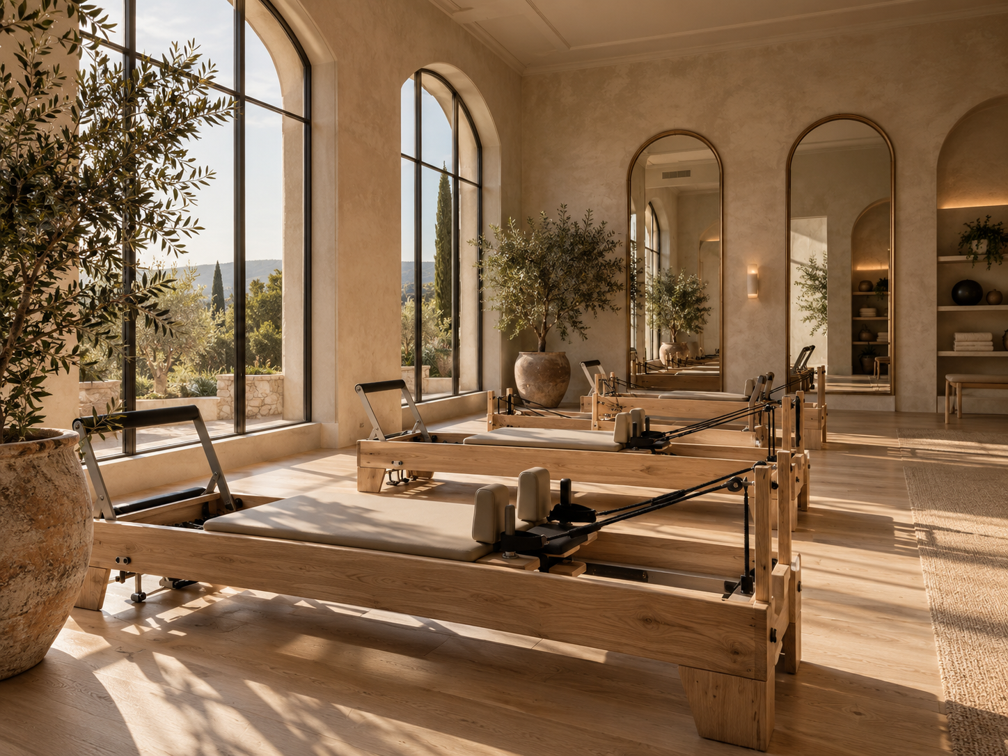Светлый зал с реформерами для занятий Pilates